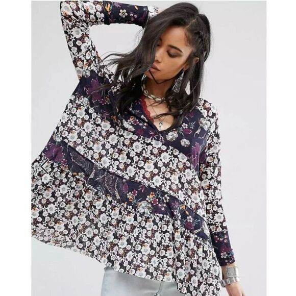 Free People Isabelle floral sheer mesh tunic top blouse Size S boho oversized fl - Picture 1 of 14